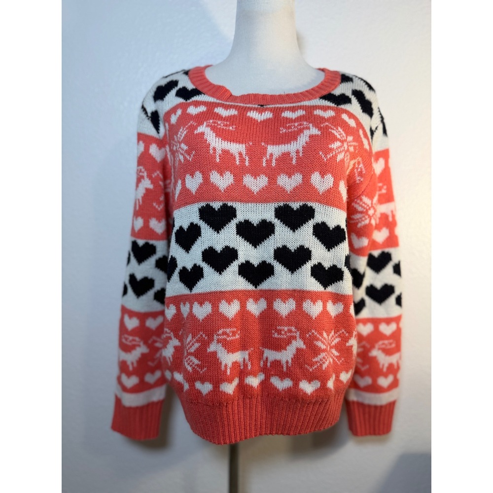 POL Knit Holiday Sweater‎ • Hearts + Reindeer Nordic Pattern • Women's M